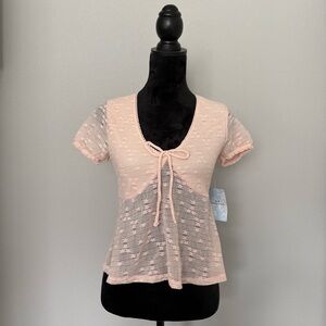 Rebellious Dreamer Pink Lace Babydoll Top Y2K Coquette Tie Front Sheer Blouse